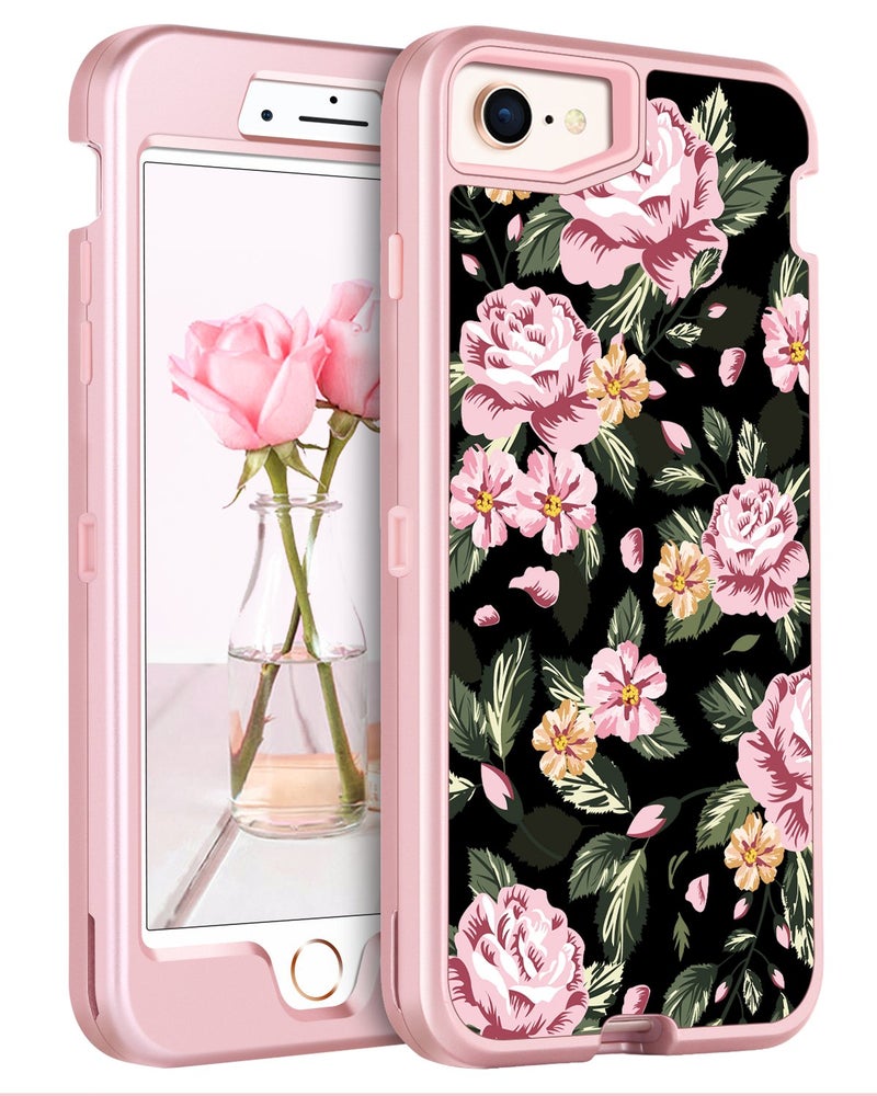 GUAGUA iPhone 8 Case iPhone 7 Case Three Layer Hybrid Hard PC Cover Soft Bumper High Impact ResistantAnti-Slip Protective Phone Case for iPhone 8/7 Floral/Rose Gold - Image 1